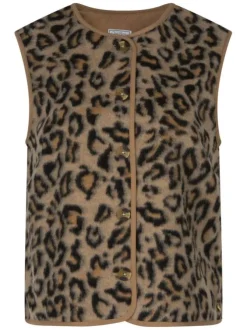 Gilet caramel à imprimé léopard avec une coupe droite et un col rond