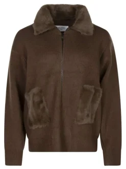 Gilet chocolat uni avec un zip et un col à rabats en fourrure synthétique