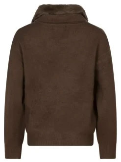 Gilet chocolat uni avec un zip et un col à rabats en fourrure synthétique