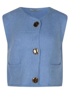 Gilet ciel uni à coupe droite avec des boutons métalliques dorés et un col rond
