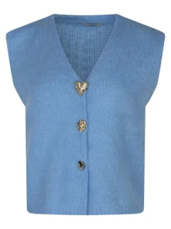 Gilet ciel uni sans manches avec un col en V et des boutons métalliques dorés