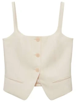 Gilet crop écru uni boutonné à col carré et à bretelles fines