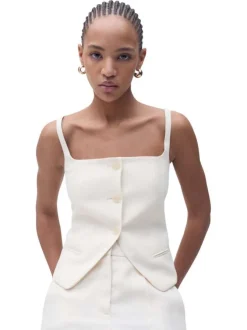 Gilet crop écru uni boutonné à col carré et à bretelles fines