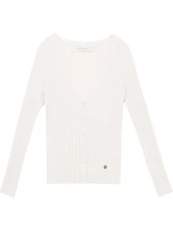 Gilet écru en maille côtelée à coupe ajustée avec col v et boutons blancs
