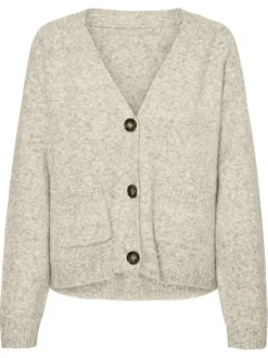 Gilet écru uni avec une coupe droite à col v et des manches longues