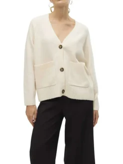 Gilet écru uni avec une coupe droite à col v et des manches longues
