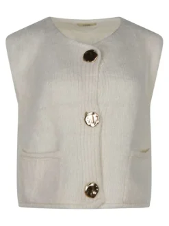Gilet écru uni à col rond avec une coupe droite et des boutons dorés