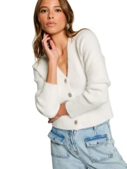 Gilet écru uni col v à manches longues avec boutonnière à strass