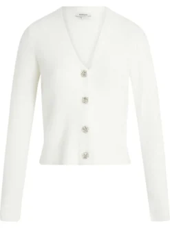 Gilet écru uni col v à manches longues avec boutonnière à strass