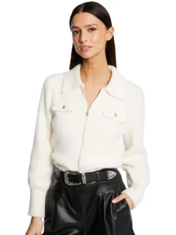 Gilet écru uni à coupe droite avec des manches longues et zip doré
