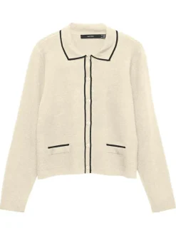 Gilet écru uni coupe droite avec un col à revers et des manches longues