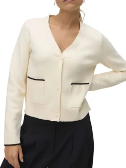 Gilet écru uni coupe droite avec un col v et des manches longues