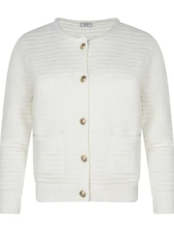 Gilet écru uni à coupe droite, col rond et à manches longues à boutons dorés