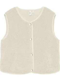 Gilet écru uni en maille sherpa avec boutonnière noire mate à l'avant