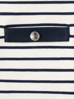 Gilet en coton blanc à rayures bleues avec une coupe droite et un col à revers