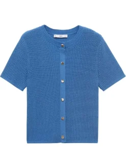 Gilet en coton bleu uni avec des boutons et une coupe droite à col rond
