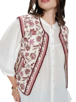 Gilet en coton bordeaux à motifs floraux avec une coupe droite et un col rond
