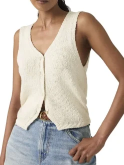 Gilet en coton écru uni avec une coupe droite et un col en V