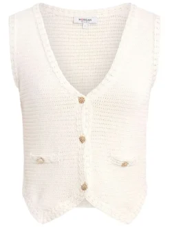 Gilet en coton écru uni pourvu d'une coupe droite et d'un col en V