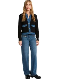 Gilet en coton marine bi-matière avec une coupe droite et un col à revers