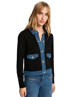 Gilet en coton marine bi-matière avec une coupe droite et un col à revers