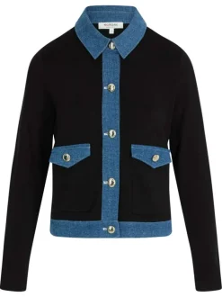 Gilet en coton marine bi-matière avec une coupe droite et un col à revers
