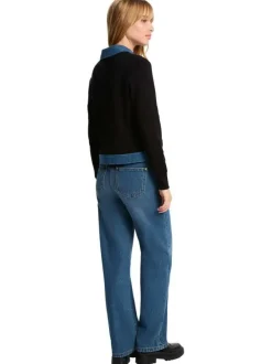 Gilet en coton marine bi-matière avec une coupe droite et un col à revers