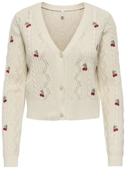Gilet en coton mélangé beige avec des motifs cerises et à coupe droite