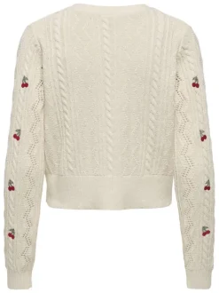Gilet en coton mélangé beige avec des motifs cerises et à coupe droite