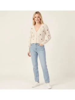 Gilet en coton mélangé beige avec des motifs cerises et à coupe droite
