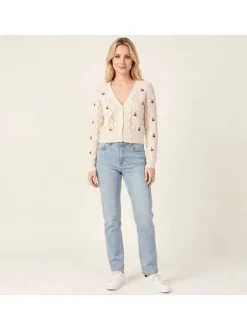 Gilet en coton mélangé beige avec des motifs cerises et à coupe droite