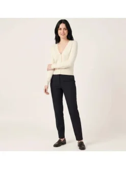 Gilet en coton mélangé beige uni pourvu d'une coupe ajustée et d'un col v