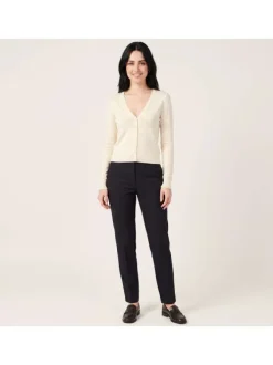 Gilet en coton mélangé beige uni pourvu d'une coupe ajustée et d'un col v