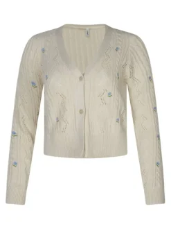 Gilet en coton mélangé écru uni pourvu de fleurs brodées et d'un col v