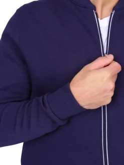 Gilet en coton mélangé marine uni avec une coupe droite et un col montant