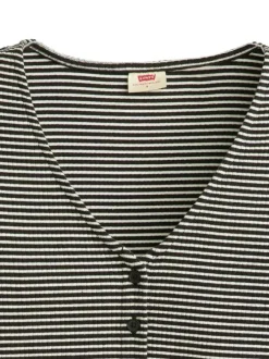 Gilet en coton noir et écru rayé avec un col v et des manches longues