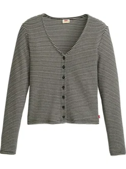 Gilet en coton noir et écru rayé avec un col v et des manches longues