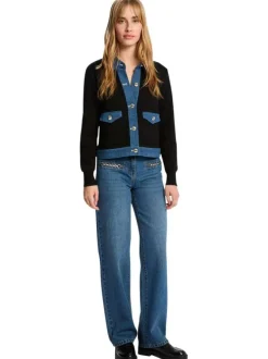 Gilet en coton noir uni avec une coupe droite et un col à revers