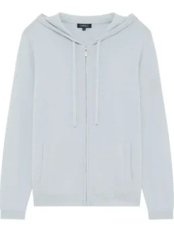 Gilet en laine ciel uni à coupe droite, capuche, poches et fermeture zippée