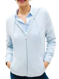 Gilet en laine ciel uni à coupe droite, capuche, poches et fermeture zippée