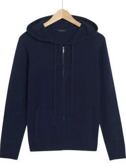 Gilet en laine marine uni avec une coupe droite et un col à capuche