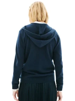 Gilet en laine marine uni avec une coupe droite et un col à capuche