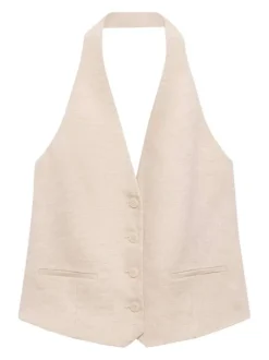 Gilet en lin beige clair uni dos nu fermé par des boutons à col v