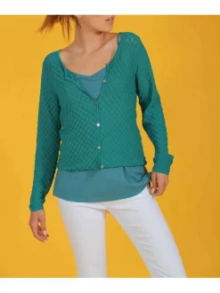 Gilet en maille ajourée pour femme pétrole coupe évasée HALO
