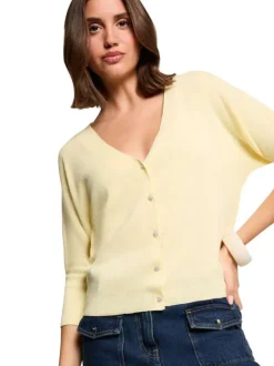 Gilet jaune uni à coupe droite avec des manches 3/4 et 5 boutons