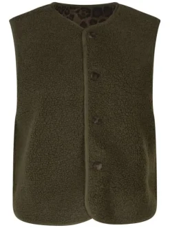 Gilet kaki uni avec col v, sans manches et intérieur léopard