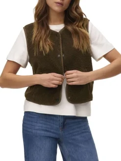 Gilet kaki uni en maille sherpa avec boutonnière noire mate à l'avant