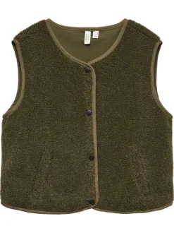 Gilet kaki uni en maille sherpa avec boutonnière noire mate à l'avant