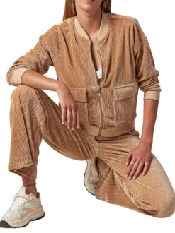 Gilet manches longues beige en velours à col bomber avec zip et 2 poches