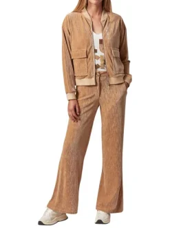 Gilet manches longues beige en velours à col bomber avec zip et 2 poches